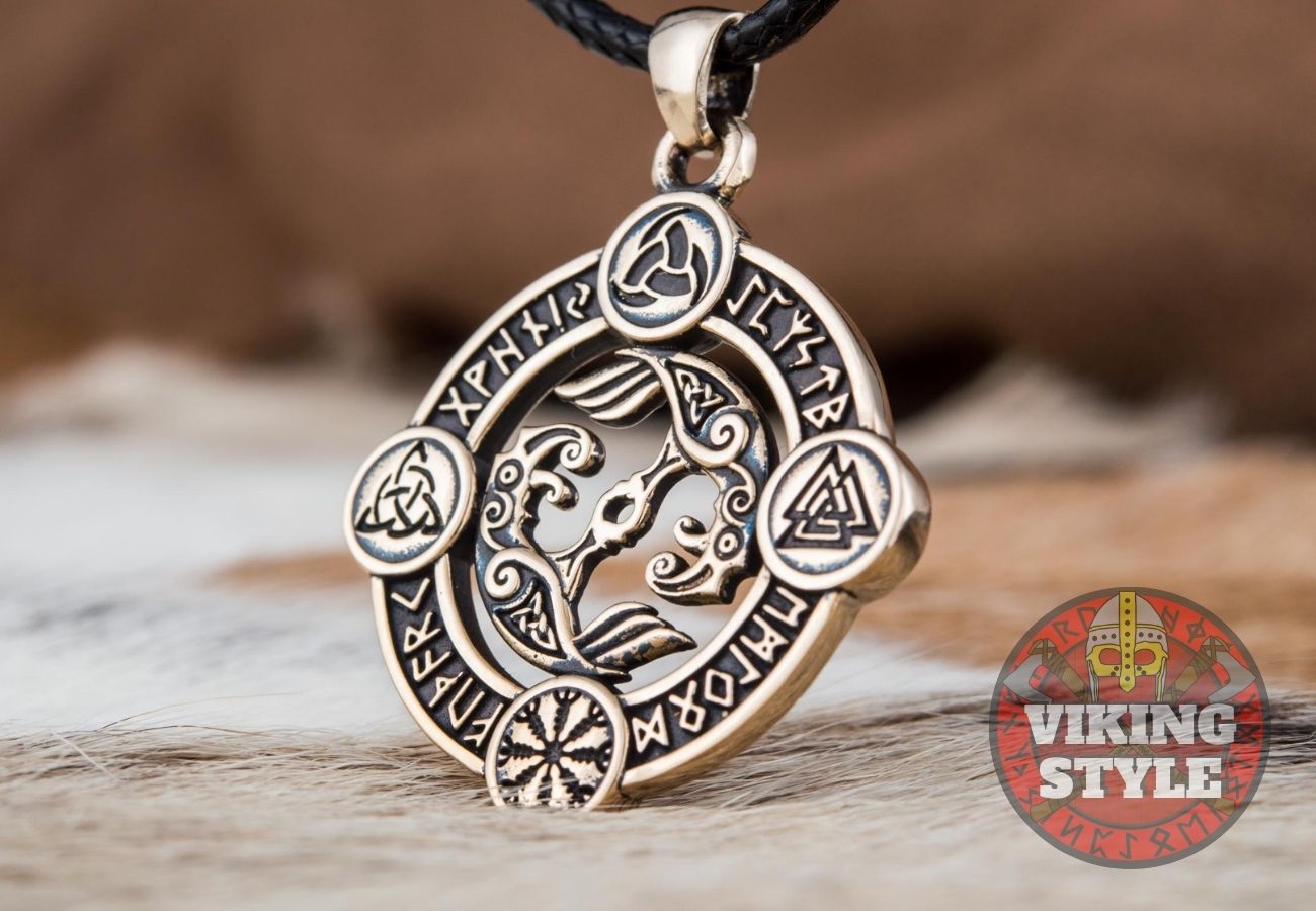 Huginn & Muninn Pendant - Norse Symbols, Bronze