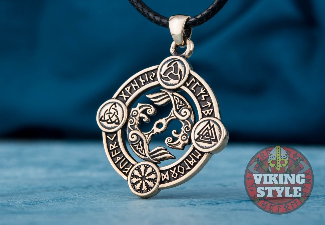 Huginn & Muninn Pendant - Norse Symbols, Bronze