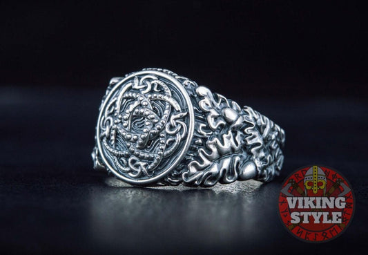 Jörmungandr Ring - Oak Leaves, 925 Silver