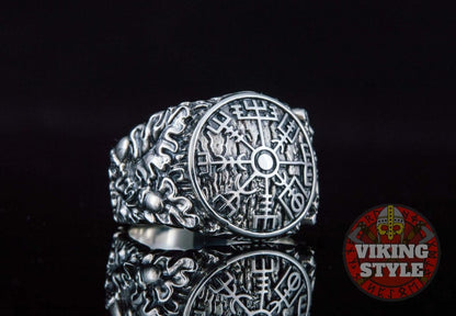 Vegvísir Ring - Oak Leaves, 925 Silver