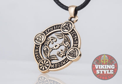 Huginn & Muninn Pendant - Norse Symbols, Bronze
