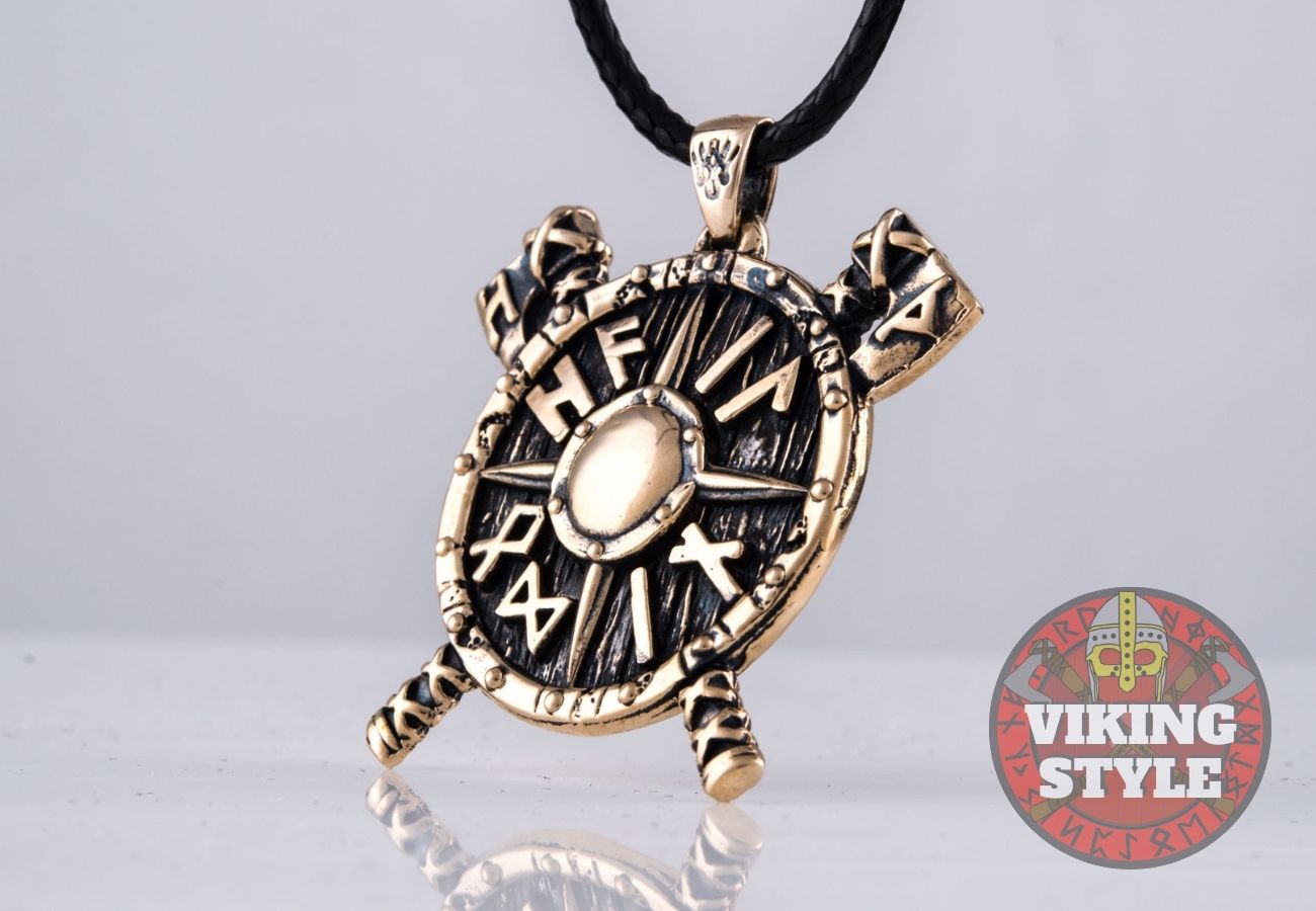 Viking Shield & Axe Pendant - Bronze
