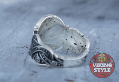 Vegvísir Ring - Wolf, 925 Silver