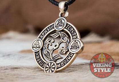 Huginn & Muninn Pendant - Norse Symbols, Bronze