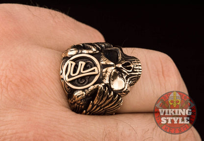 Fehu Rune Ring - Skull, Bronze