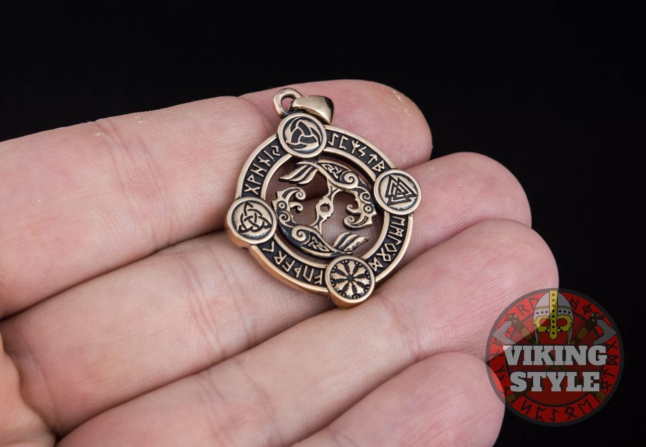 Huginn & Muninn Pendant - Norse Symbols, Bronze