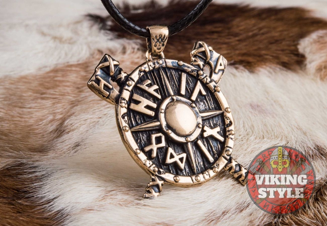 Viking Shield & Axe Pendant - Bronze