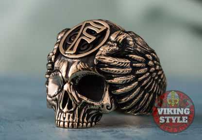 Fehu Rune Ring - Skull, Bronze