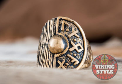 Viking Shield Ring - Runic, Bronze
