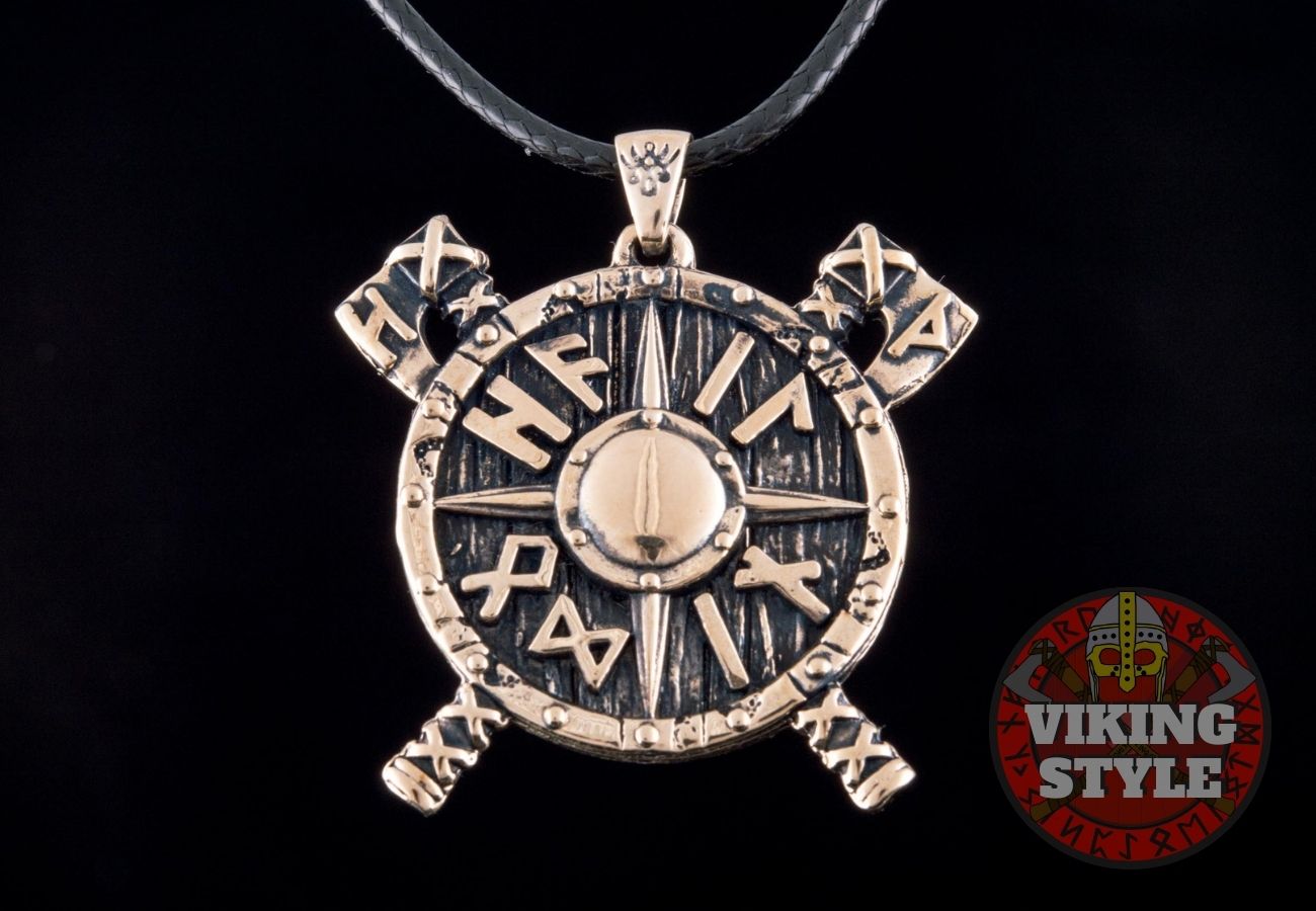 Viking Shield & Axe Pendant - Bronze