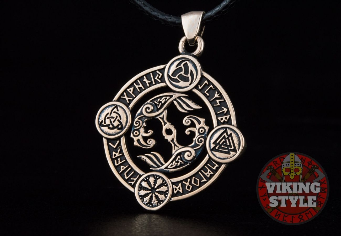 Huginn & Muninn Pendant - Norse Symbols, Bronze